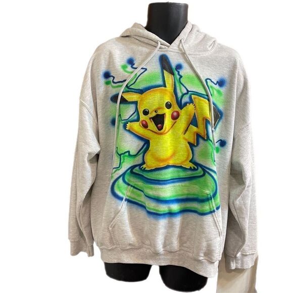 Gildan Heavy Blend Grey Pikachu Air Brush Sweatshirt Hoodie Size XL Rare - Picture 2 of 8